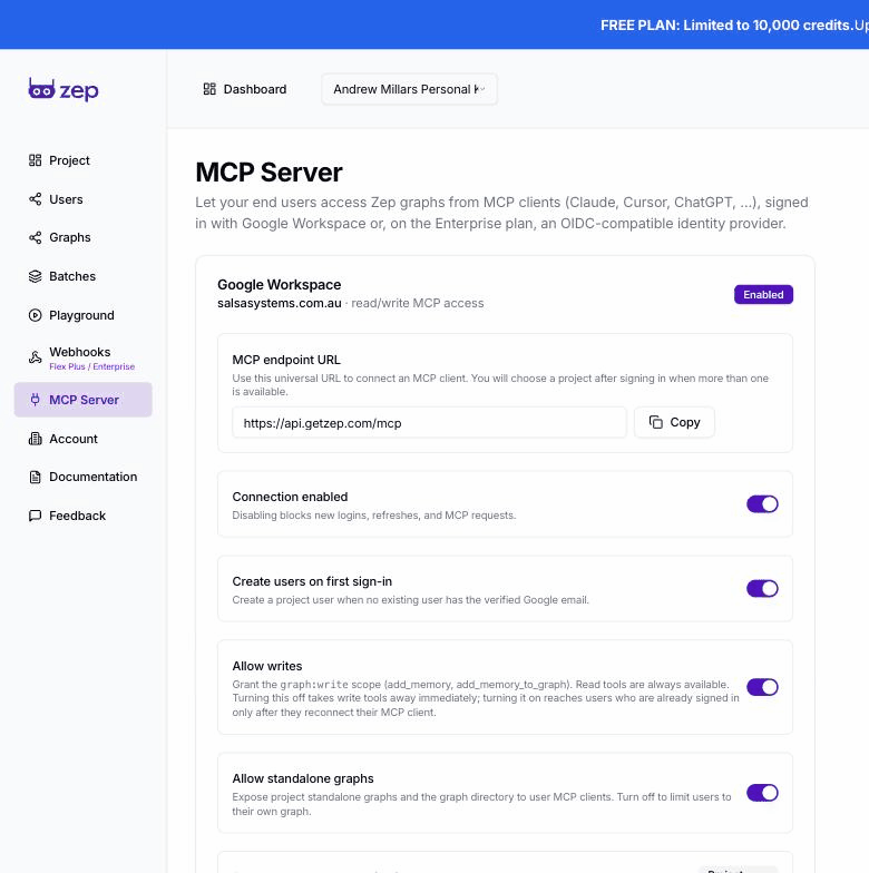 Zep MCP Server settings after connecting, showing the domain, Enabled badge, the endpoint URL and the switches