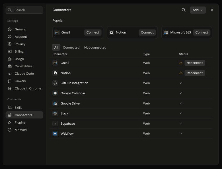 claude.ai Settings > Customize > Connectors page listing connectors with Connect buttons