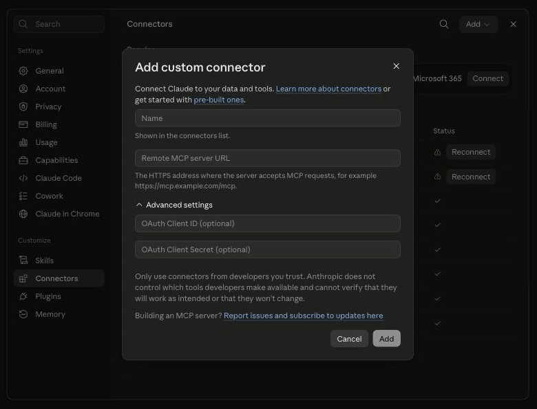 Claude Add custom connector dialog with Name and Remote MCP server URL fields