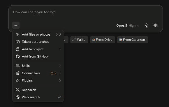 Claude chat message box with the + menu open showing Connectors